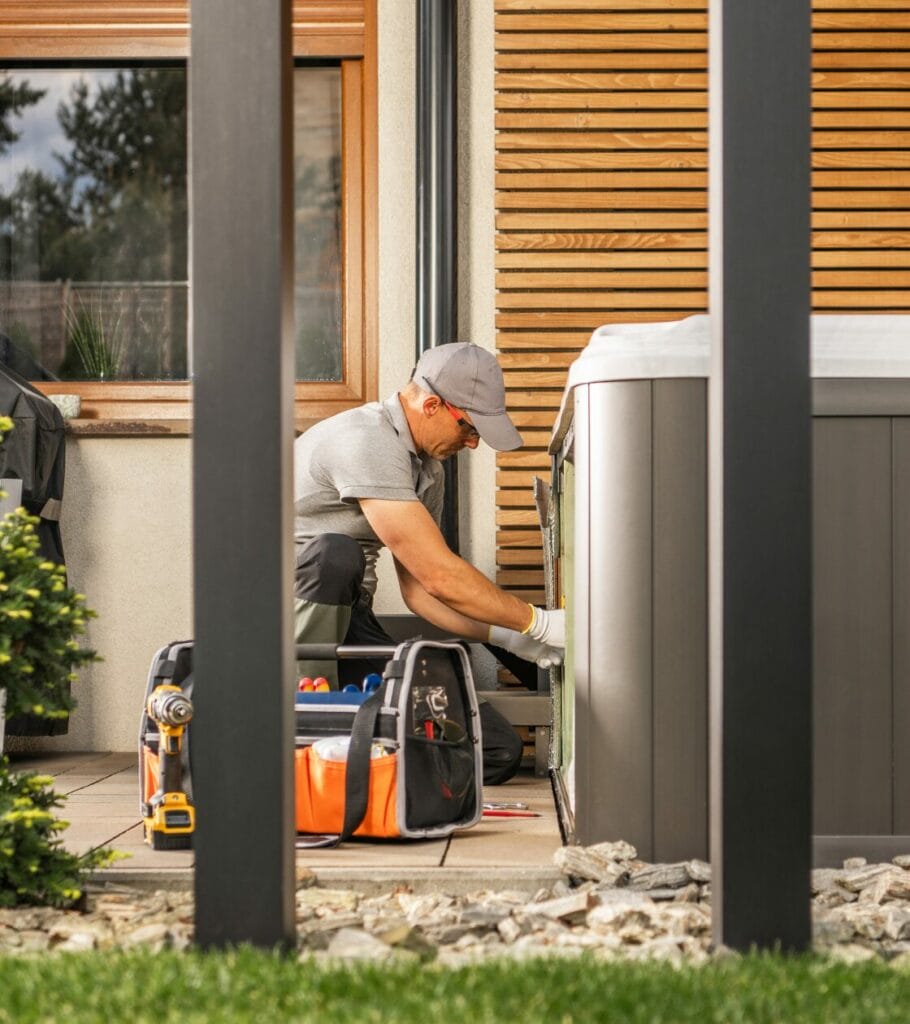 Person working on electrical components of a hot tub on an outside wood deck.